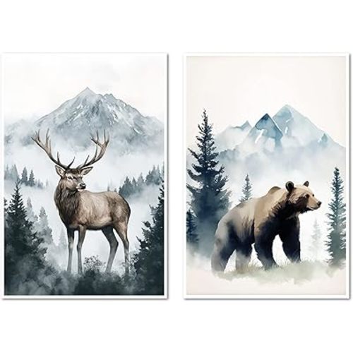 AWPANERAR Woodland Animal Wall Decor 2 Panel Deer Bear Painting Forest Mountain Animal Canvas Prints Nursery Boys Girls Room Decor Unframed (Blue, (12.00" x 16.00" x 2PCS))