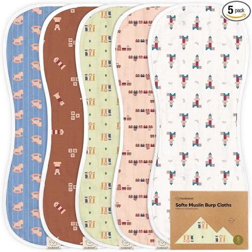 5-Pack Muslin Burp Cloths Baby Boy, Girl - Very Absorbent Baby Burp Cloth Rags, 8-Layers Viscose Derived from Bamboo Cotton Muslin Towel, Super Soft Spit Up Rags, No Shrink Washcloths (Toy Land)