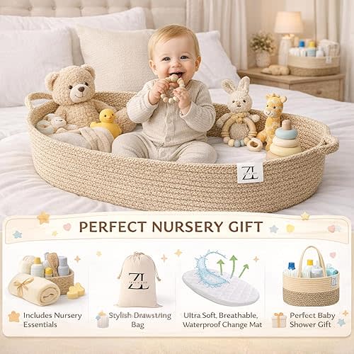 ZEAL'N LIFE 5-in-1 Baby Changing Basket with Blanket, Diaper Basket, Waterproof Changing Mat & Tote Bag, Moses Basket for Newborn, Changing Pad for Dresser, Baby Changing Mat (Brown)