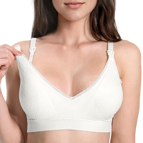 HOFISH Nursing Bra for Breastfeeding,Lace-Flex Seamless Wirefree Bras Padded Soft Sleep Maternity Bra for Pregnancy Postpartum White L