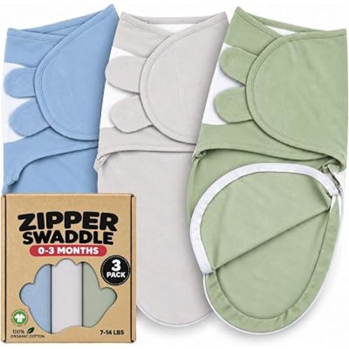 Organic Swaddles for Newborns – Zipper Swaddles 0-3 Months, 3-Pack – Infant Sleep Sack with Zipper – Adjustable & Breathable Swaddle Blanket Wrap for Newborn Girls (Light Green, Blue)
