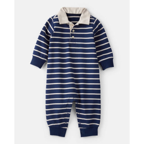 Baby Boy Cotton Long-Sleeve Polo Jumpsuit - Navy/White - Carter's | Carter's