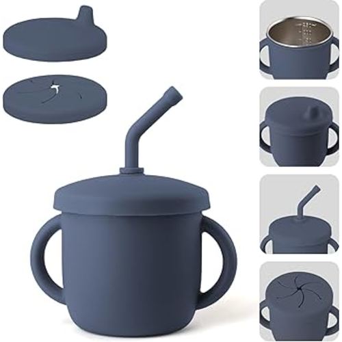 4-in-1 Stainless Steel Silicone Sippy Cup, 8.5oz Toddler Open Cup with Straw, Sippy & Snack Lids, For Baby Led Weaning, Toddlers 1-3 Years Trainning Kids Drinking, Dishwasher Safe, Navy