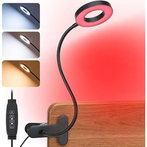 Clip On Reading Light for Bed, 670nm Red Light Lamp with 3 White Colors, 360° Gooseneck, Heavy-Duty Clip for Headboard/Table, Dimmable, Timer, Portable Red Book Light for Night, Plug-In Red Led Light
