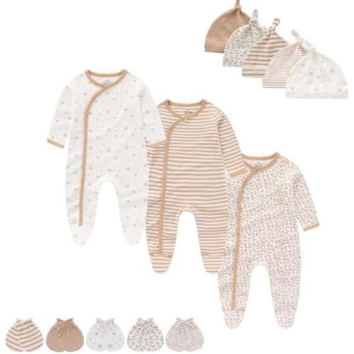 MAMIMAKA Baby Boy Girls Clothes 2-Way Zip Footed Long Sleeve 100% Cotton,Newborn Caps and Scratch Mittens Set 0-6 Months
