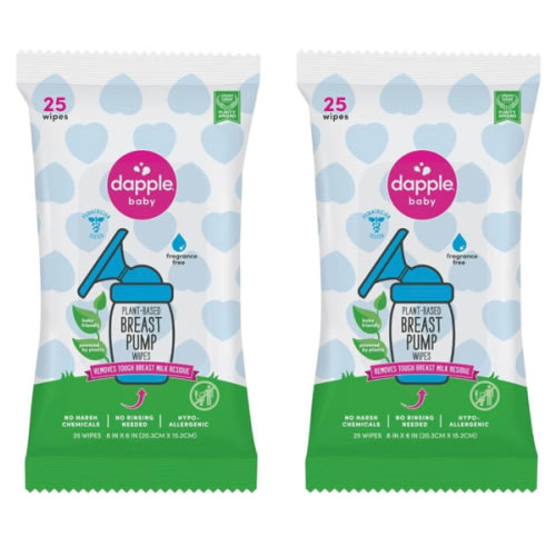 Dapple Breast Pump Wipes, Powered by Plants, Hypoallergenic, Removes Milk Residue, Fragrance Free, Convenient Wipes Pouch, 25 Count (2 Pack)