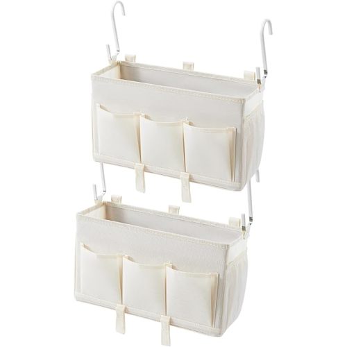 Bedside Storage Organizer, White Bedside Caddy Organizer - With Hooks and Multiple Pockets, a Clever Storage Solution for Books, Magazines, and More, 2 Pack
