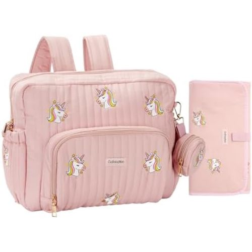Diaper Bag Backpack with Changing Pad - Travel Baby Bag, Insulated Bottle Pockets, Stroller Straps (Medium - Pink Unicorns)