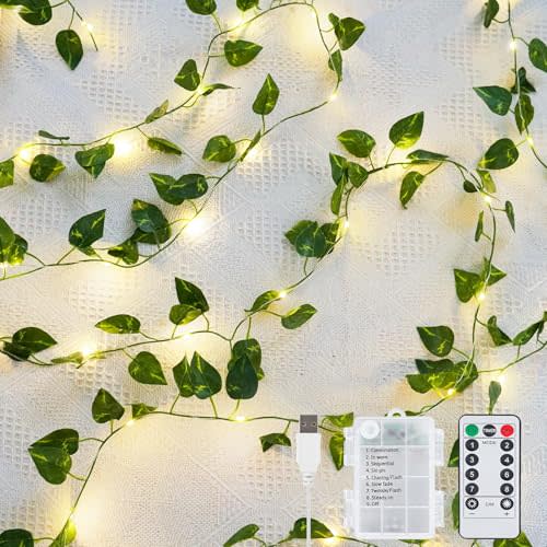 KASZOO 33ft 100 LED Vine with Fairy Lights - Pothos String Lights Battery/USB Operated, Ivy Garland with Remote, Leaf Lights for Bedroom Garden Party Wall Room Decor