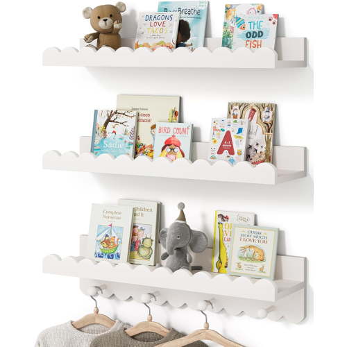 Shelves, Scalloped Shelves featuring Coat Hooks, Set of 3, Nursey Decor Nursery Book | heavy-duty
