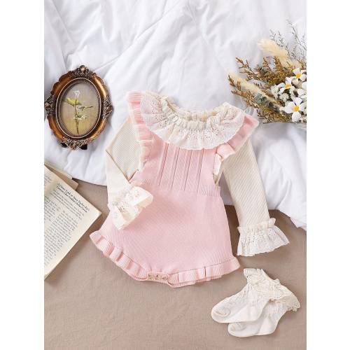 SHEIN Vintaside Kids Baby Girls' Knitted Bodysuit,Cute Pink Ruffle Lace Romper For Autumn,Family Matching Sleeveless Knit Dress Outfit,Fashionable Comfortable Clothes