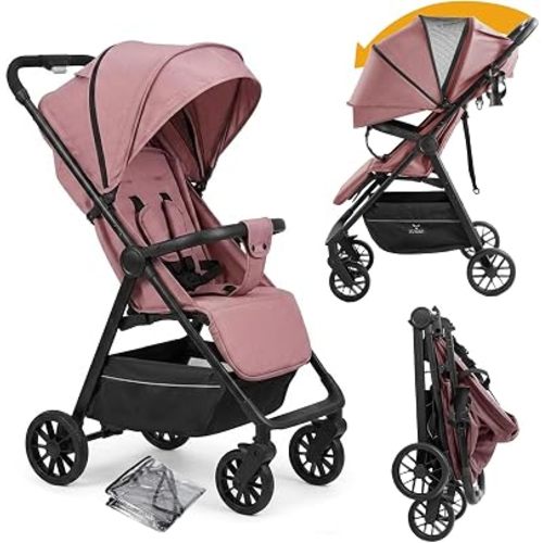 Lightweight Travel Stroller at Only 4.6 kg, Folding Compact Pushchair with Multi-Position Recline, Babies and Toddlers Pram from Birth, Baby Buggy with Cup Holder, Canopy (A8 Pink)