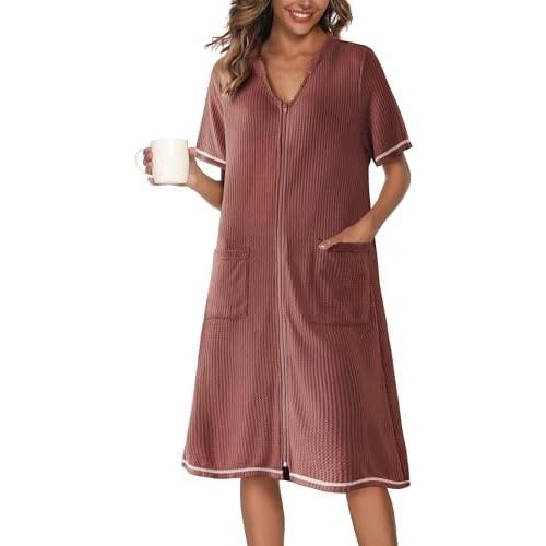 Ekouaer Zipper Robes for Women Waffle Knit Bathrobes Short Lightweight Knee Length Loungewear with Pockets S-XXL