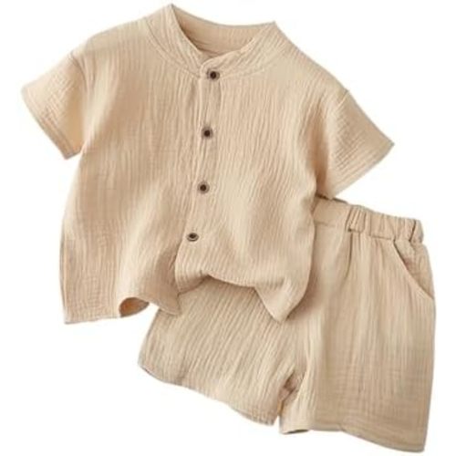 Toddler Cotton Linen Outfits 2pc Plain Button Front Shirts Shorts Sets Baby Boys Summer Casual Lightweight Clothes