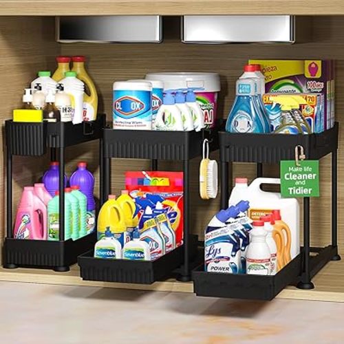 3 Pack Under Sink Organizers, 2-Tier Multi-Use Kitchen and Bathroom Organizers and Storage with Sliding Drawers，Bathroom Cabinet Organizer (Black, 14.8 Inch)