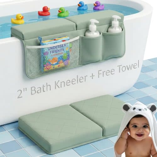 2inch Extra Thick Baby Bath Kneeler and Elbow Rest Pad Set + Hooded Towel | Embroidered Design Kneeling Pad for Bathing Baby | Dual-Layer Memory Foam Bathtub Kneeler and Elbow Rest Set