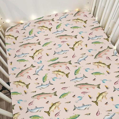Pink Fishing Baby Crib Sheets for Boy Girl 52x28Inch Freshwater Fishes Lures Soft Snug Fitted Crib Mattress Cover Lake Outdoors Fishing Lovers Gift Baby Sheet for Standard Crib & Toddler Mattress