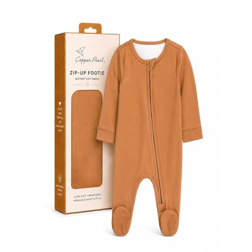 Copper Pearl Zip-Up Footie Baby Pajamas – Soft Newborn Onesies for Boys & Girls, Tag-Free with Two-Way Zipper Baby Sleepers for Newborn - 24 Months, Camel