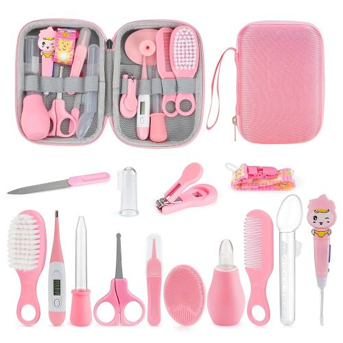 OTTOLIVES Baby Healthcare and Grooming Kit, 15 in 1 Baby Shower Gifts with Nail File, Hair Brush Comb, Toothbrush, Nasal Aspirator, Baby Essentials Kit for Newborn Infant Girls Boys (Pink)