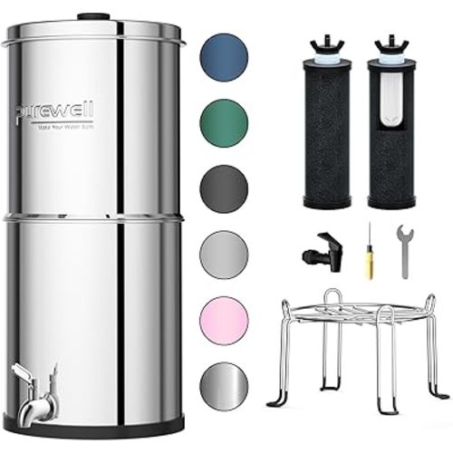 Purewell 3-Stage 0.01μm Ultra-Filtration Gravity Water Filter System, NSF/ANSI 42&372 Certification, 304 Stainless Steel Countertop System with 2 Filters and Stand, Reduce 99% Chlorine, 2.25G, PW-OB