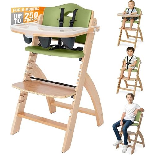 Abiie Beyond Junior Wooden High Chair with Tray - Adjustable and Convertible High Chair for Babies and Toddlers - 6 Months to 250 Lb - Water Resistant - Natural Wood/Olive Cushion