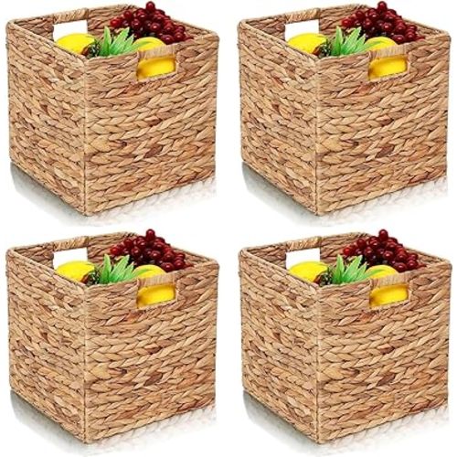 11x11in Storage Baskets Set of 4 Water Hyacinth Baskets,Foldable Handwoven Storage Cubes,Woven Baskets for Bathroom, Bedroom, Laundry, Pantry, Shelves