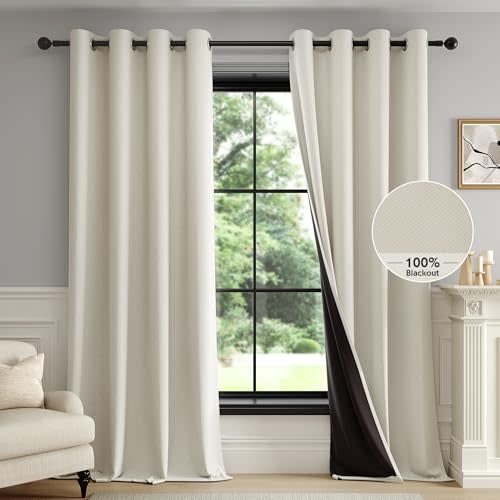 FMFUNCTEX 100% Blackout Beige Curtains 84 Inches for Bedroom, 2 Panels | Black out Drapes, Thermal Insulated Noise Reducing, Textured Weave, Room Darkening, Window Curtain, for Living Room,Grommet