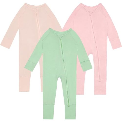 Rayon of Bamboo Baby Rompers Long Sleeve Two Way Zipper Footless Pajamas With Mitten Cuffs - Lake Green+pink+pale Pink - 0-3 Months