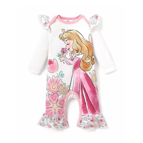Disney Stitch Princess Cinderella Ariel Minnie Winnie Baby Girls Ruffle Long Sleeve Romper Bodysuit for Newborn to Toddler