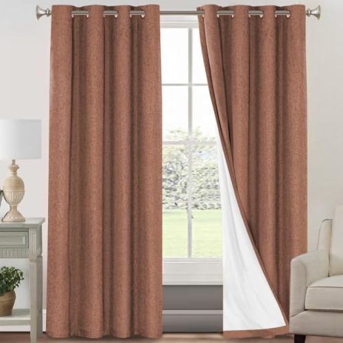 PrinceDeco Linen Blackout Curtains 84 Inches Long 100% Absolutely Blackout Textured Window Curtains for Living Room Energy Saving with White Liner,Anti-Rust Grommet, Orange,2 Panels