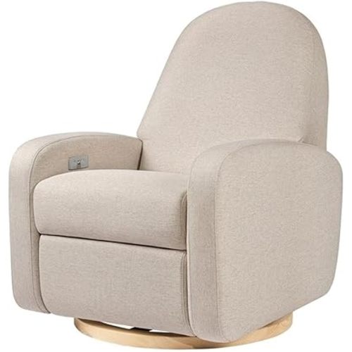 Babyletto Nami Electronic Power Recliner and Swivel Glider w/USB Port in Performance Beach Eco-Weave with Light Wood Base, Water Repellent & Stain Resistant, Greenguard Gold & CertiPUR-US Certified