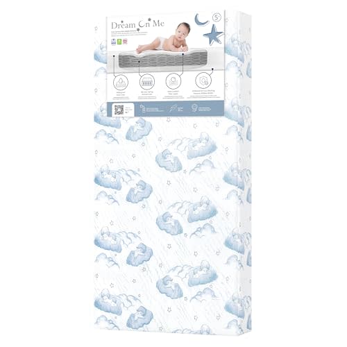Dream On Me Nap Nest Crib and Toddler Mattress, Dual-Sided - Infants & Toddlers, Waterproof 5” Mattress with 88 Interwoven Coils, 75% Recycled Fiber, GREENGUARD Gold & BSA Certified – Blue Cloud