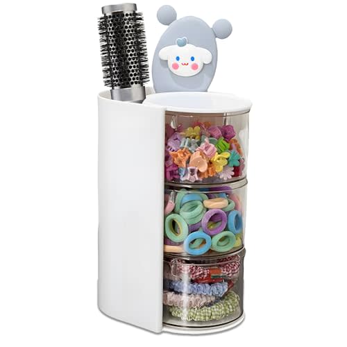 Azurphoric Hair Accessories Organizer with Hair Brush Holder, Rotatable Makeup Brush Holder for Necklaces, Earring, Bracelet, Ring, Makeup Brushes, Hair Clip and Hair Accessories (White, 3-Layer)