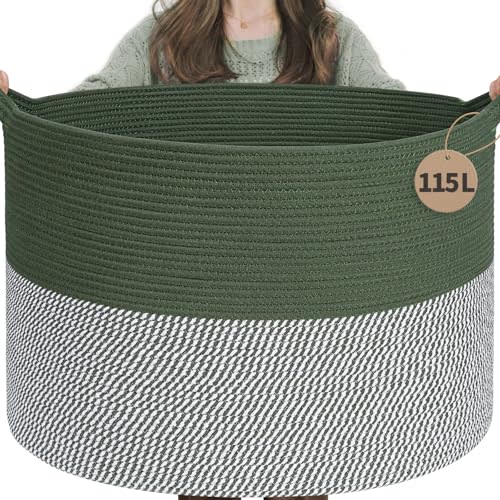 INDRESSME 115L Extra Large Cotton Rope Blanket Basket, Home Decor Laundry Storage Basket for Organizing Bedroom, Living Room, Nursery, Toy Storage for Colthes Towel, Green