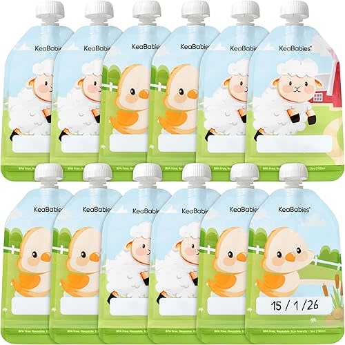 12-Pack Reusable Baby Food Pouches Refillable – 5oz Reusable Pouches for Toddlers, Kids Squeezable Yogurt, Apple Sauce, Fruit Smoothie, Baby Puree Container, Homemade Baby Food Essentials (Lil Barn)