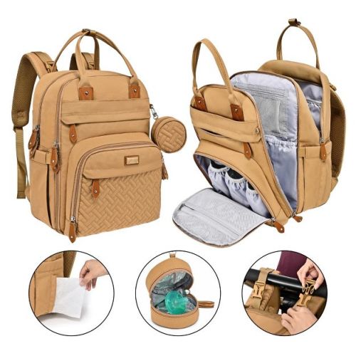 BabbleRoo Diaper Bag Backpack Stylish 26L Hands Free Baby Bag with Changing Pad, Stroller Straps & Water-Resistant, Light Brown, Large, Pañaleras