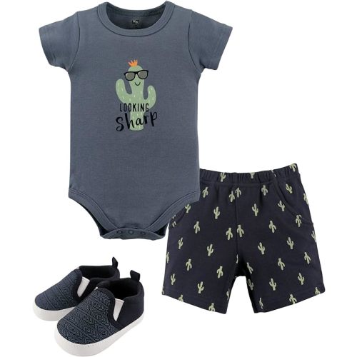 Hudson Baby Unisex Baby Cotton Bodysuit, Shorts and Shoe Set