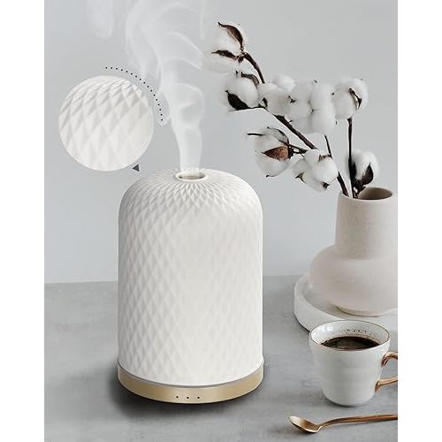 Essential Oil Diffuser,110ML Diffusers for Essential Oils Large Room, Ceramic Diffusers Decorative Ultrasonic Defuzzer, Ideal for Aesthetic Home,Dorm Décor, Yoga,White