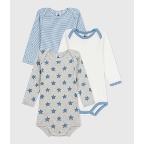 3 pack ls solid stripe star bodysuit