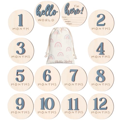 Baby Monthly Milestone Announcement Signs Wood,Slate Blue,Number | 7 Pack, 3D Double Sided Hello World Newborn Card Signs, Wooden Circles Discs, for Welcome Newborn Shower Boy Girl Photo Props