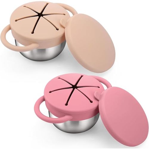 2 Pack Stainless Steel Toddler Snack Cups - 9 OZ Spill-Proof Baby Snack Containers with Silicone Catcher and Lid Travel Snack Containers for Kids Food Grade Silicone Dishwasher Safe