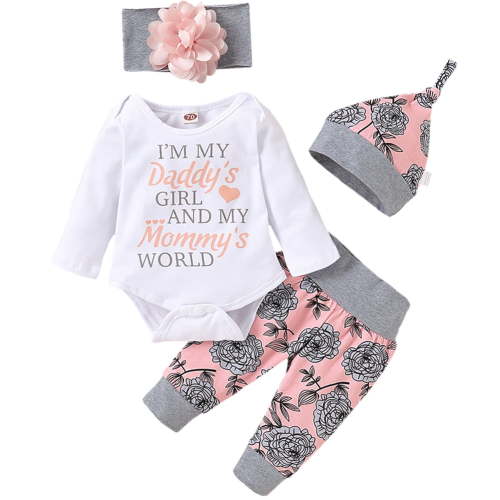 4Pcs Cute Newborn Baby Girl Clothes, White Infant Girl Going Home Outfit, Little Sister Newborn Outfit Floral Hoodie T-Shirt Top + Pants Outfits Set