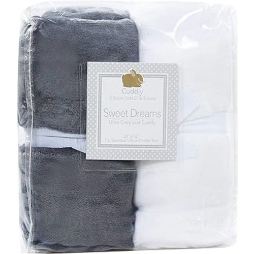 Warm Microplush Crib Sheets for Boys Girls, 2 Pack Super Soft and Warm Fitted Crib Sheets for Standard Crib Mattress, Neutral Toddler Bed Sheets for Winter, 28in x 52in, Grey/White