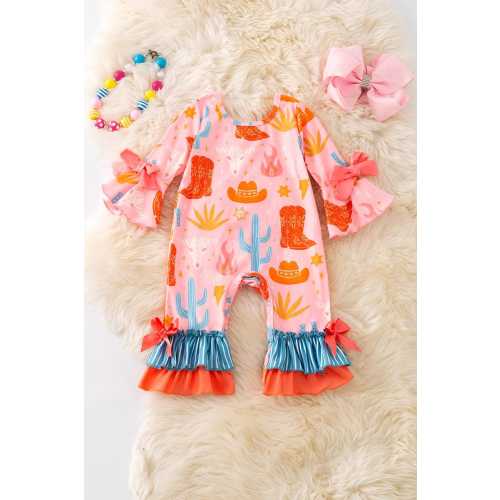 Pink & Orange western printed baby romper w/ruffle hem. RPG51317