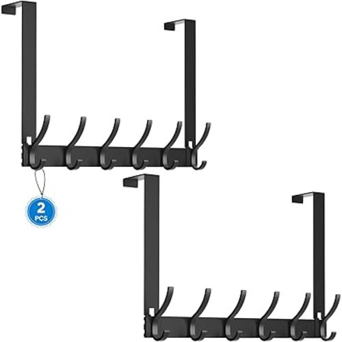 2 Pack Over The Door Hooks - NO NAIL over door hanger holder,NO ASSEMBLY REQUIRED large over the door towel rack with 12 hooks, heavy duty hooks for bathroom,bedroom,hanging towels,coats (Black)