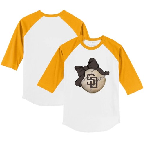 Infant San Diego Padres Tiny Turnip White/Gold Baseball Bow Raglan 3/4 Sleeve T-Shirt