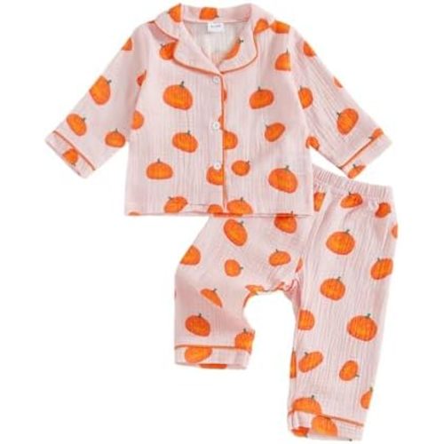 fyclemt Toddler Baby Girl Boy Halloween Pajamas Pumpkin Cotton Linen Long Sleeve Button Down Shirts Pants Kids Sleepwear Pjs