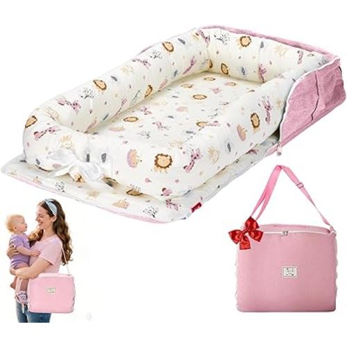 Baby Lounger for Newborn-Portable Baby Lounger 0-24 Months for Home and Travel,Newborn Loungers with Strap, Baby Nest Lounger Adjustable Size,Animal World Pink