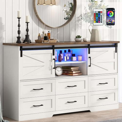 ChVans 6 Drawer Dresser with LED Lights & Charging Station, 63'' Farmhouse Dresser with 2 Sliding Doors, 3 Shelves, Wood Wide Storage Cabinet for Bedroom, Living Room, Hallway