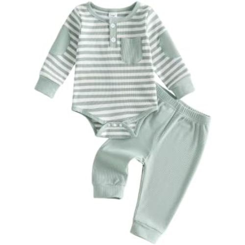 fhutpw Baby Boy Clothes 3 6 12 18 Months Ribbed Knitted Long Sleeve Romper and Pants Sets Newborn Fall Splicing Color Outfits